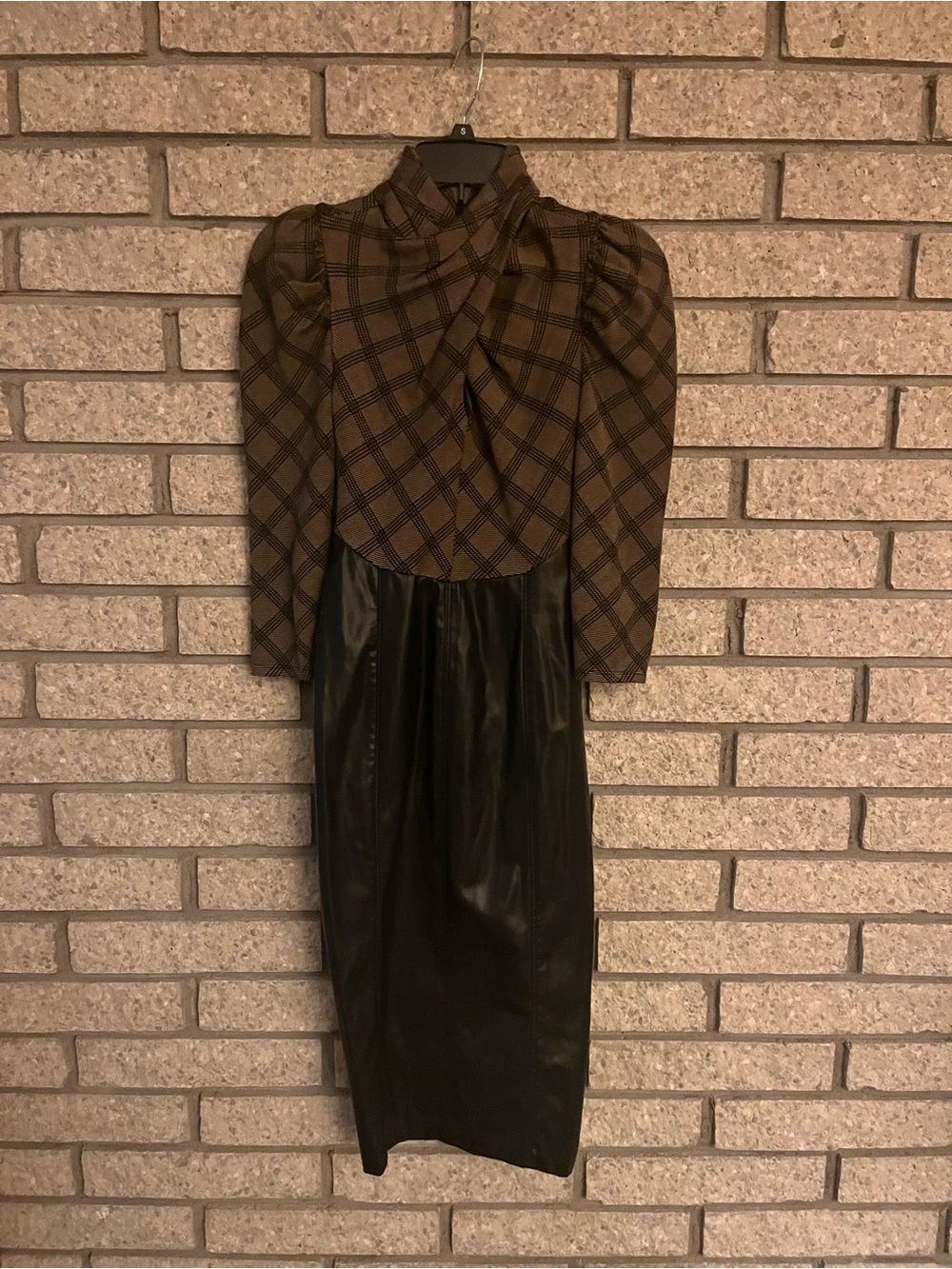 New York & Company Plaid Faux Leather Midi Dress Puff Sleeve S